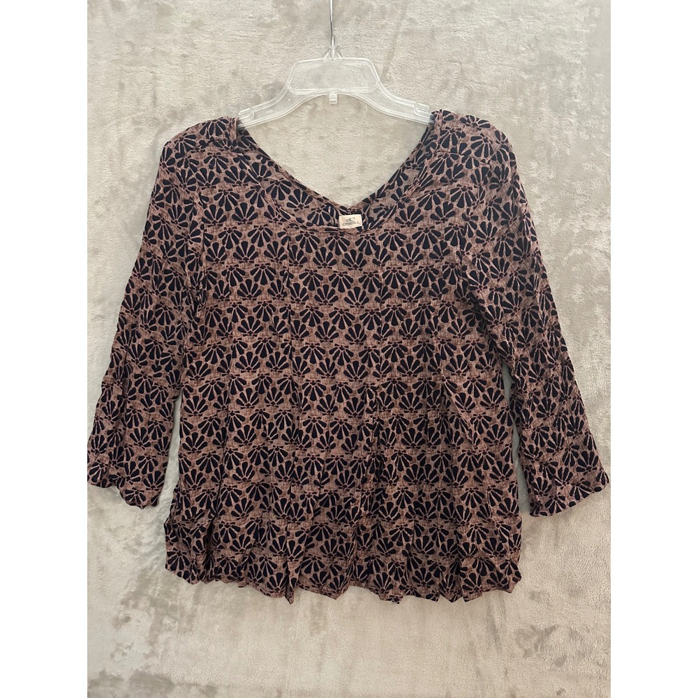 O'Neill Top Small Womens Brown Floral Print 3/4 Sleeve‎ V Neck Casual Blouse